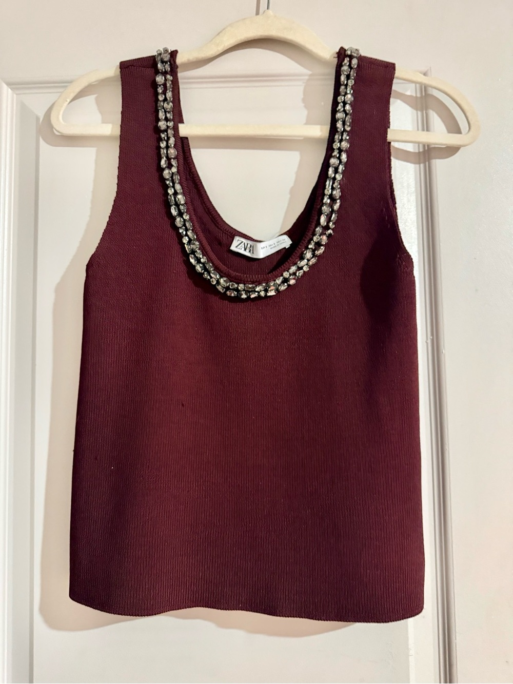 ZARA Burgundy Sleeveless Knit Tank with Jeweled Neckline